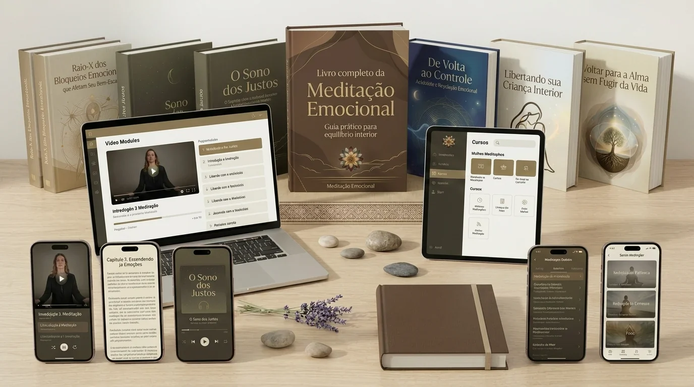 Mockup da oferta com app, livro, audiobook e aulas em múltiplos dispositivos