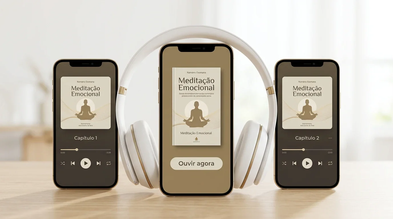 Mockup do audiobook completo com celular central, capítulos em áudio nos celulares laterais e fone de ouvido