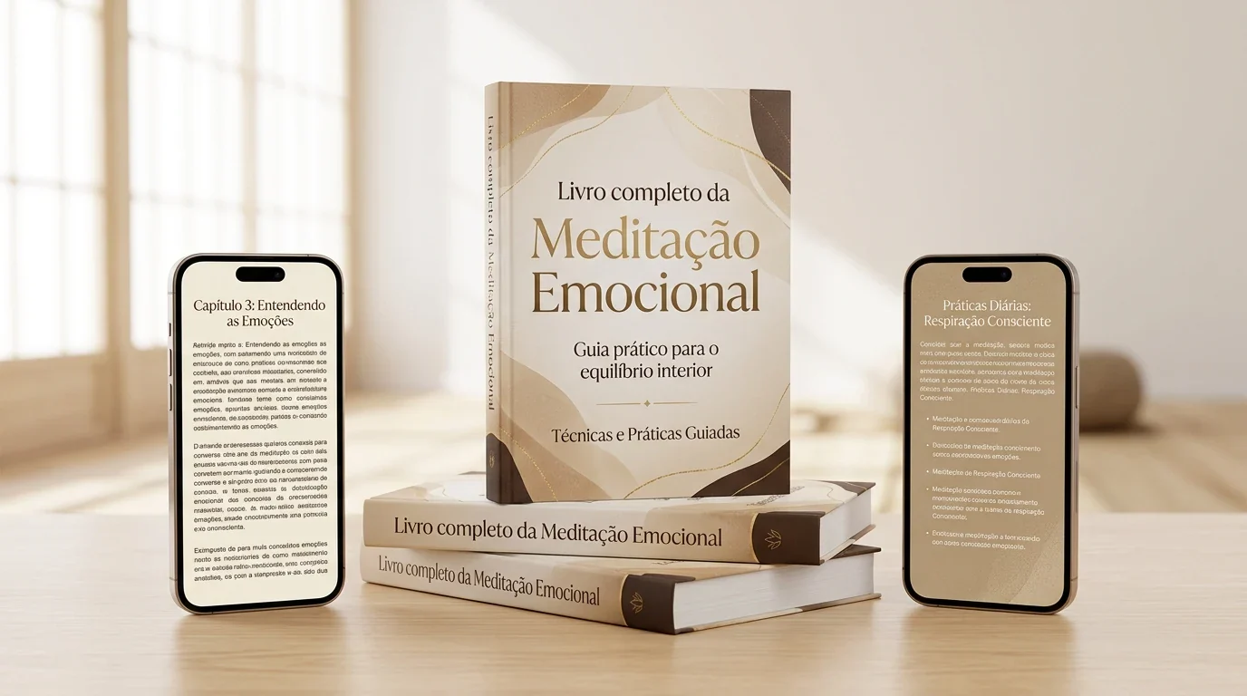 Mockup do livro completo da Meditação Emocional com pilha de livros e telas de leitura no celular