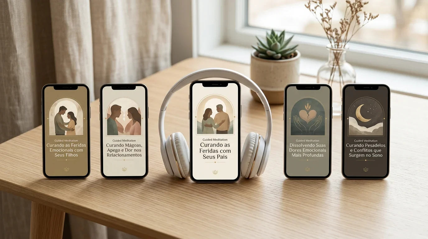 Mockup das meditações emocionais guiadas com cinco celulares e fone de ouvido no centro