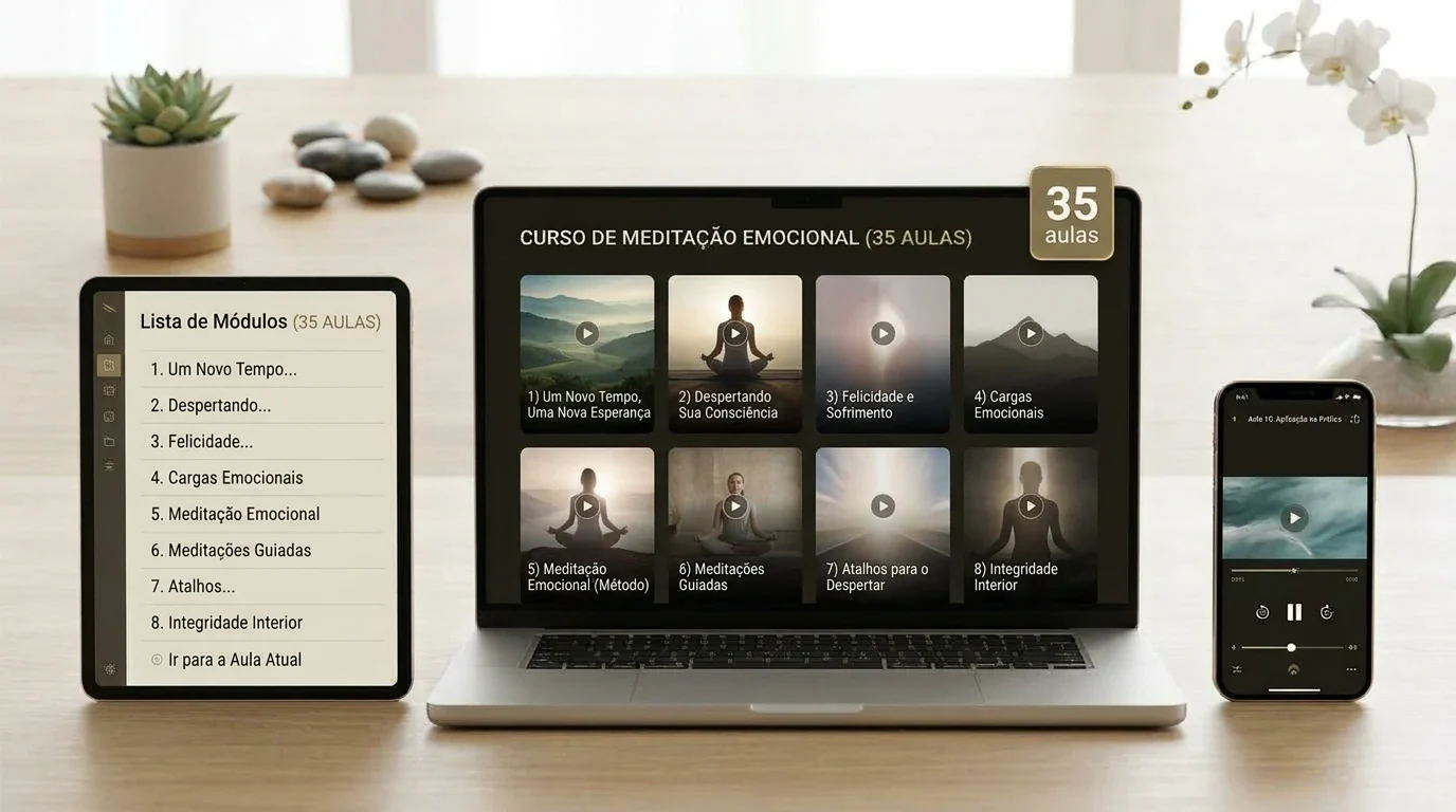 Mockup do curso completo em vídeo com notebook, tablet e celular exibindo os módulos e as aulas